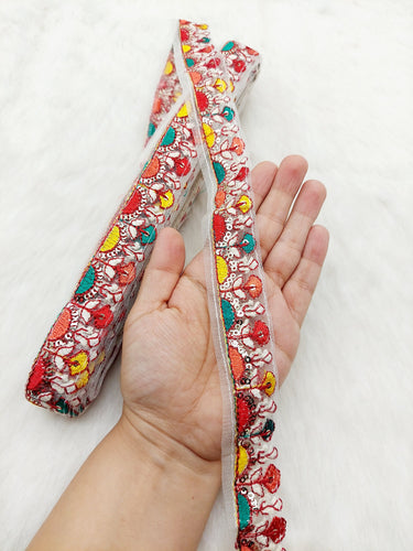 White Tissue Fabric Trim In Multicoloured Floral Embroidery With Matt Gold Sequins, Lace Trim By 9 Yards Indian Decorative Trim, Ribbon